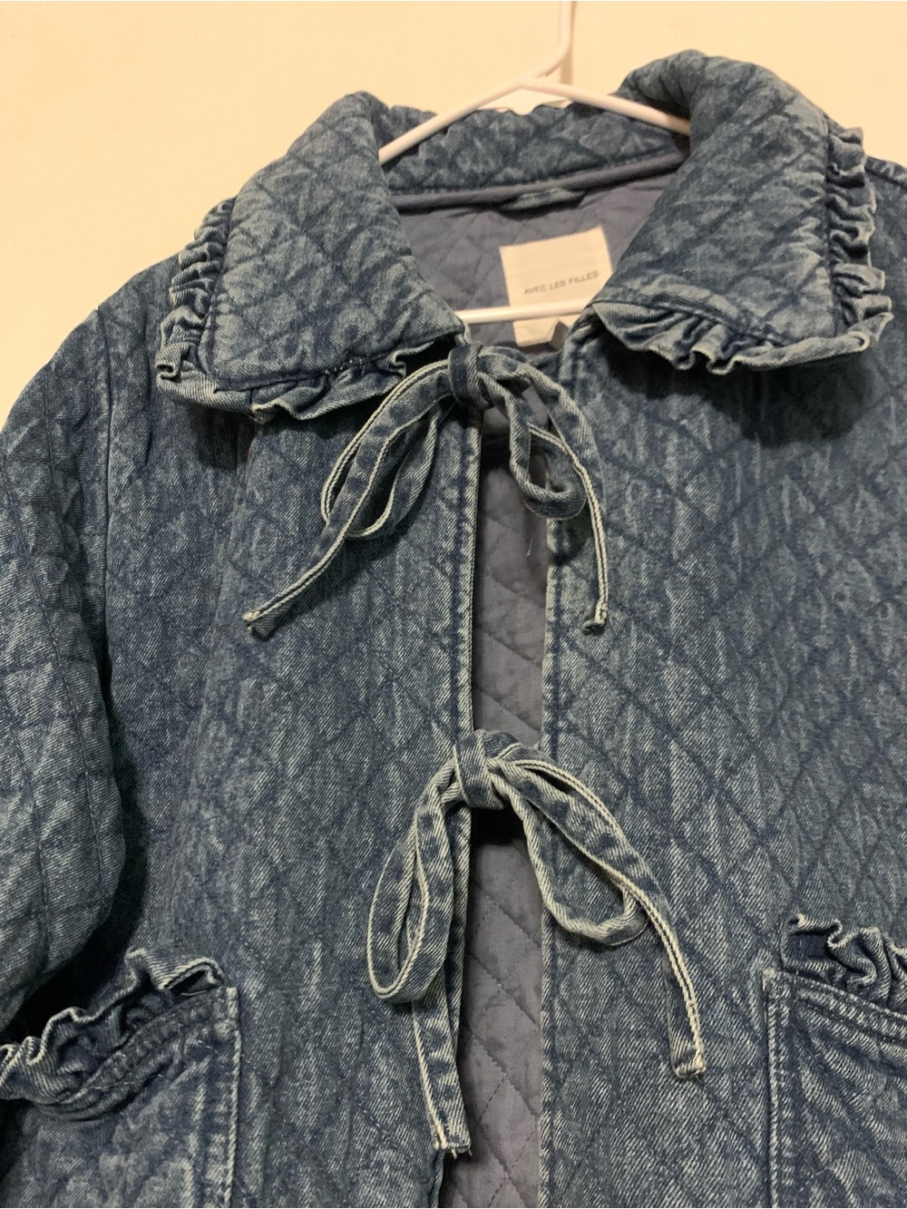 Anthropologie Avec Les Filles Quilted Denim Jacket Ruffle Tie Front XL 16/18 - Picture 5 of 10